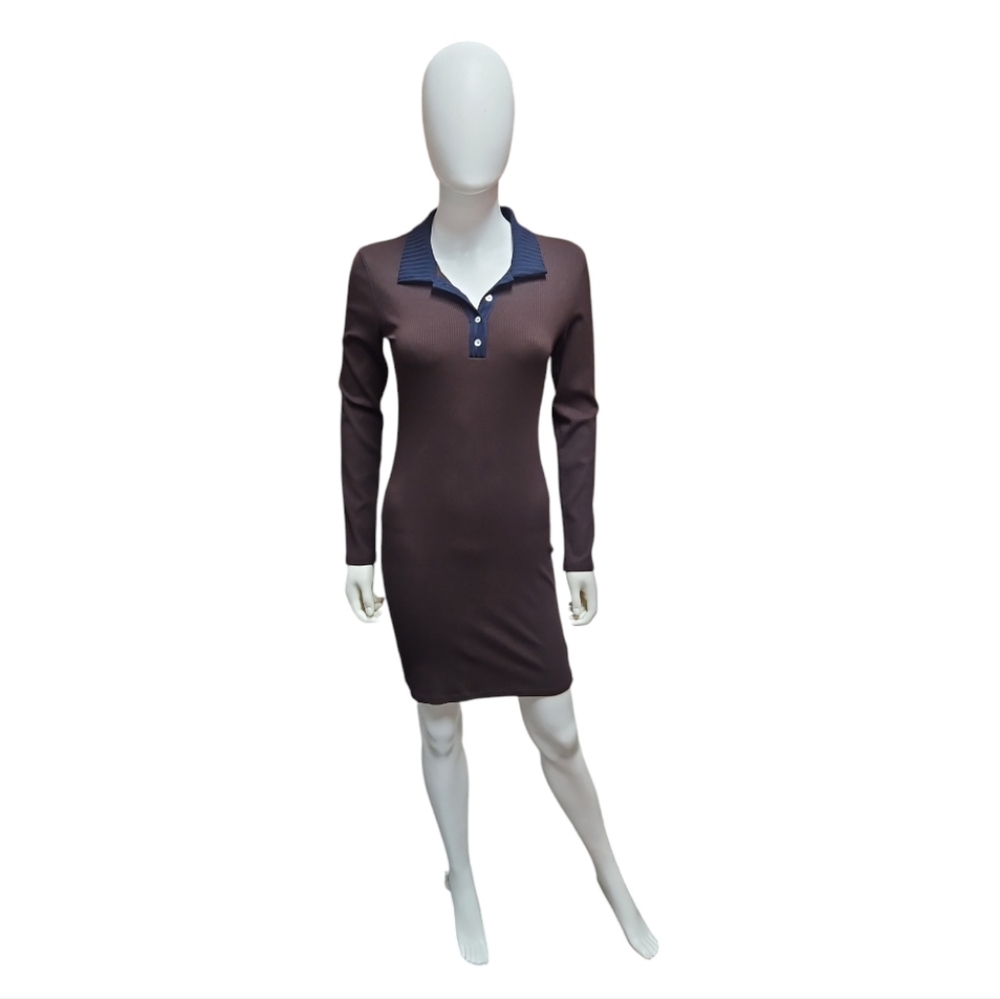 ROUJE | Brown Ribbed Knit Long Sleeved Mini Dress in Size FR 36 / US 4